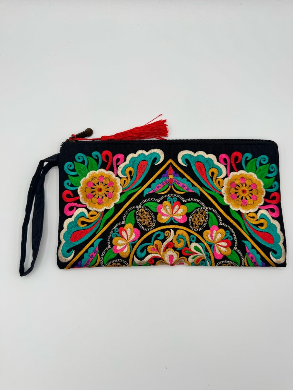 Boho Embroidered Floral Wristlet Clutch Black Multicolor Tassel